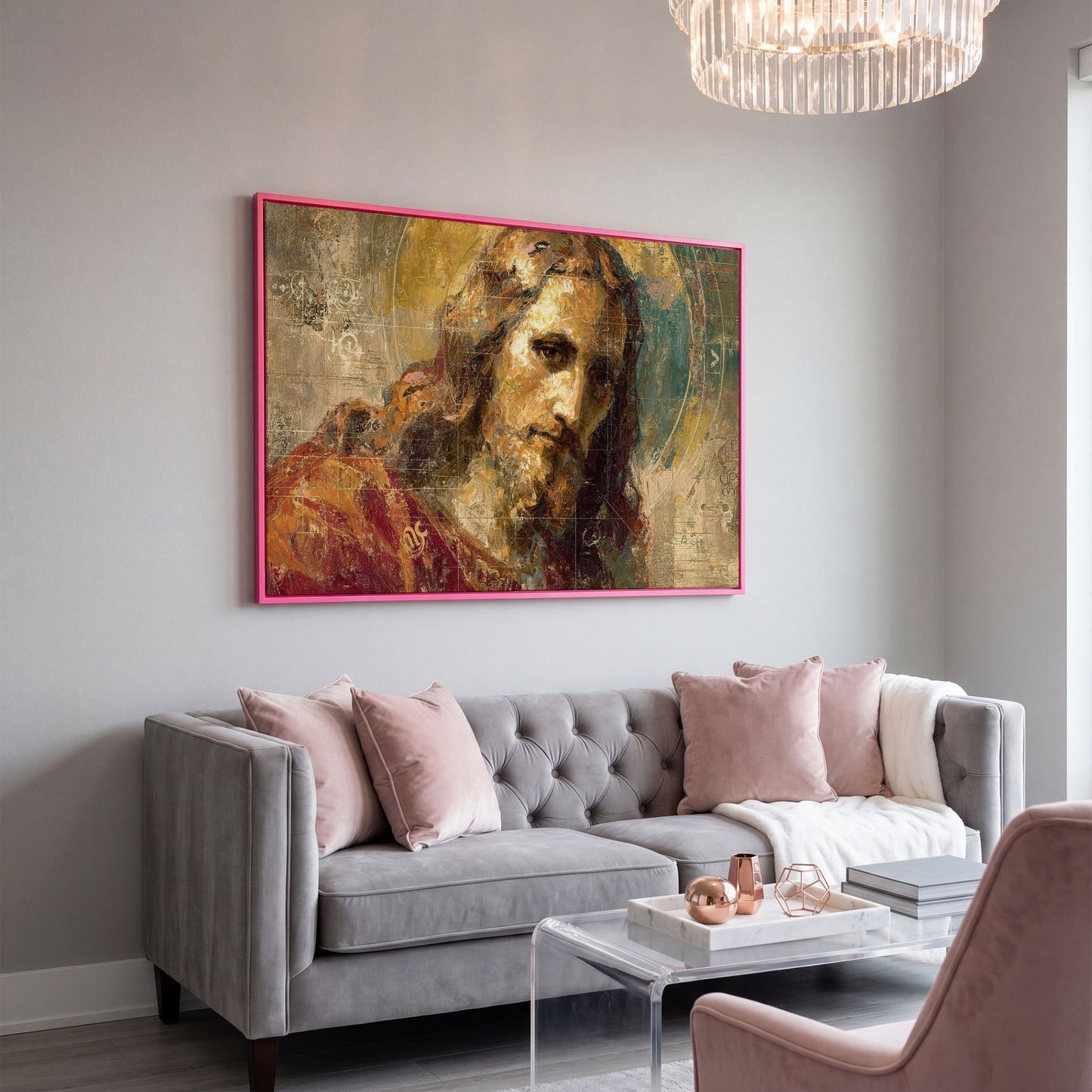 Abstract Jesus Christ Portrait Canvas Wall Art in pink floating frame