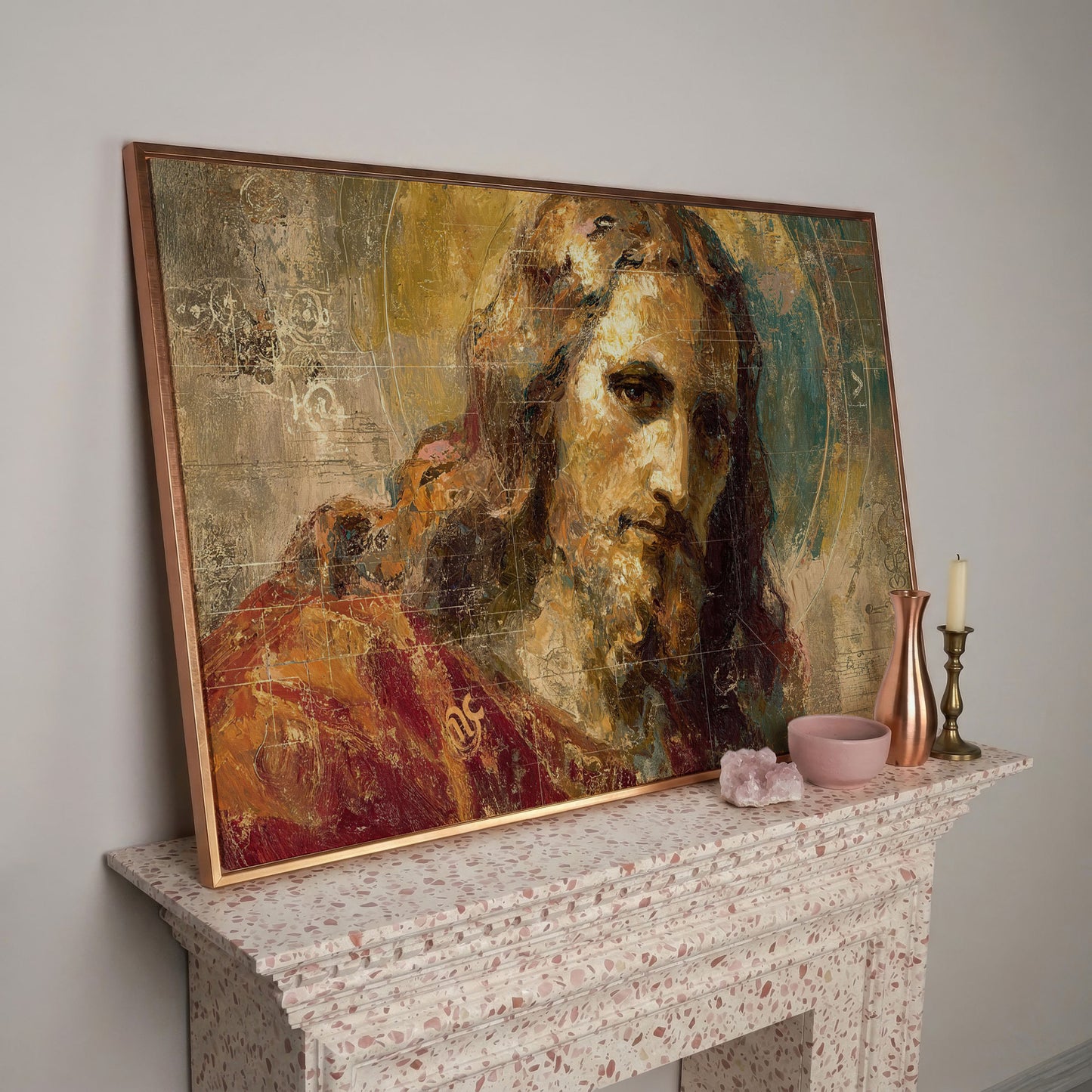 Abstract Jesus Christ Portrait Canvas Wall Art in rose gold floating frame