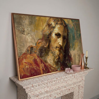 Abstract Jesus Christ Portrait Canvas Wall Art in rose gold floating frame