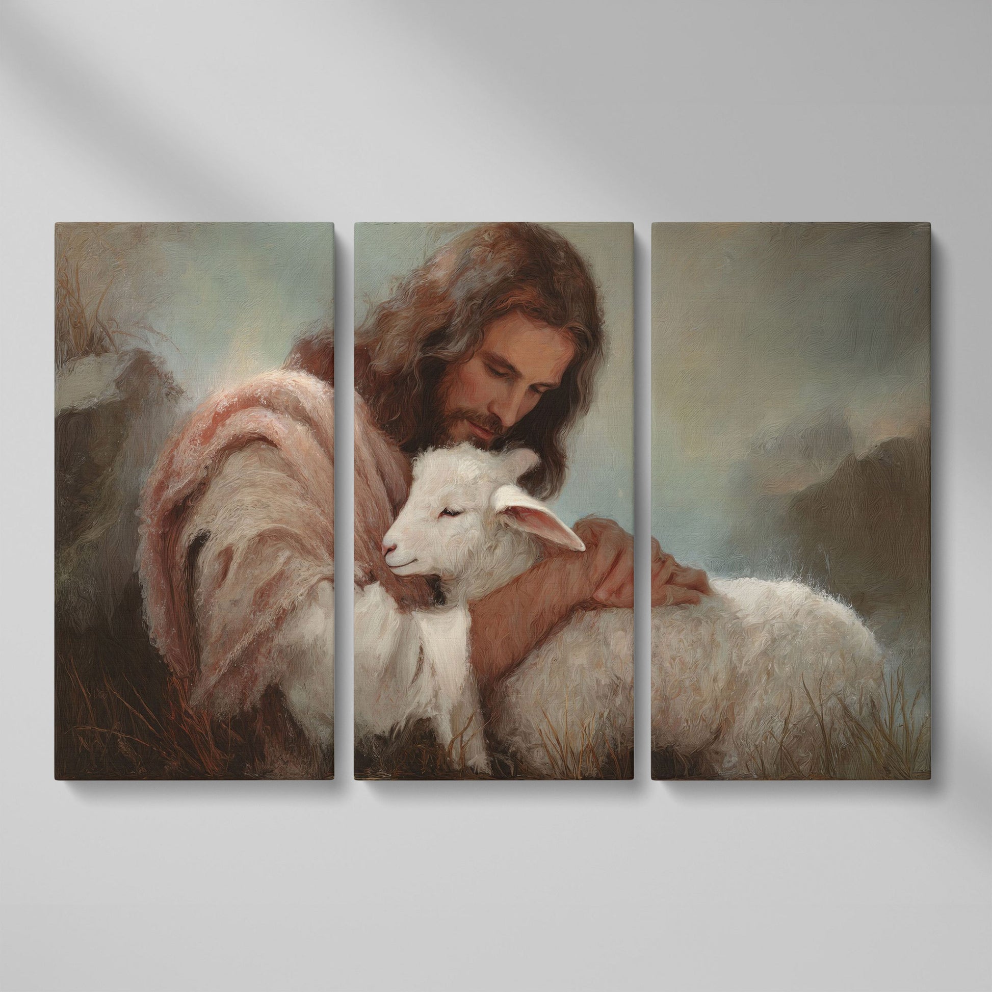 The Good Shepherd: Jesus Holding a Lamb Canvas Wall Art as 3-panel split version