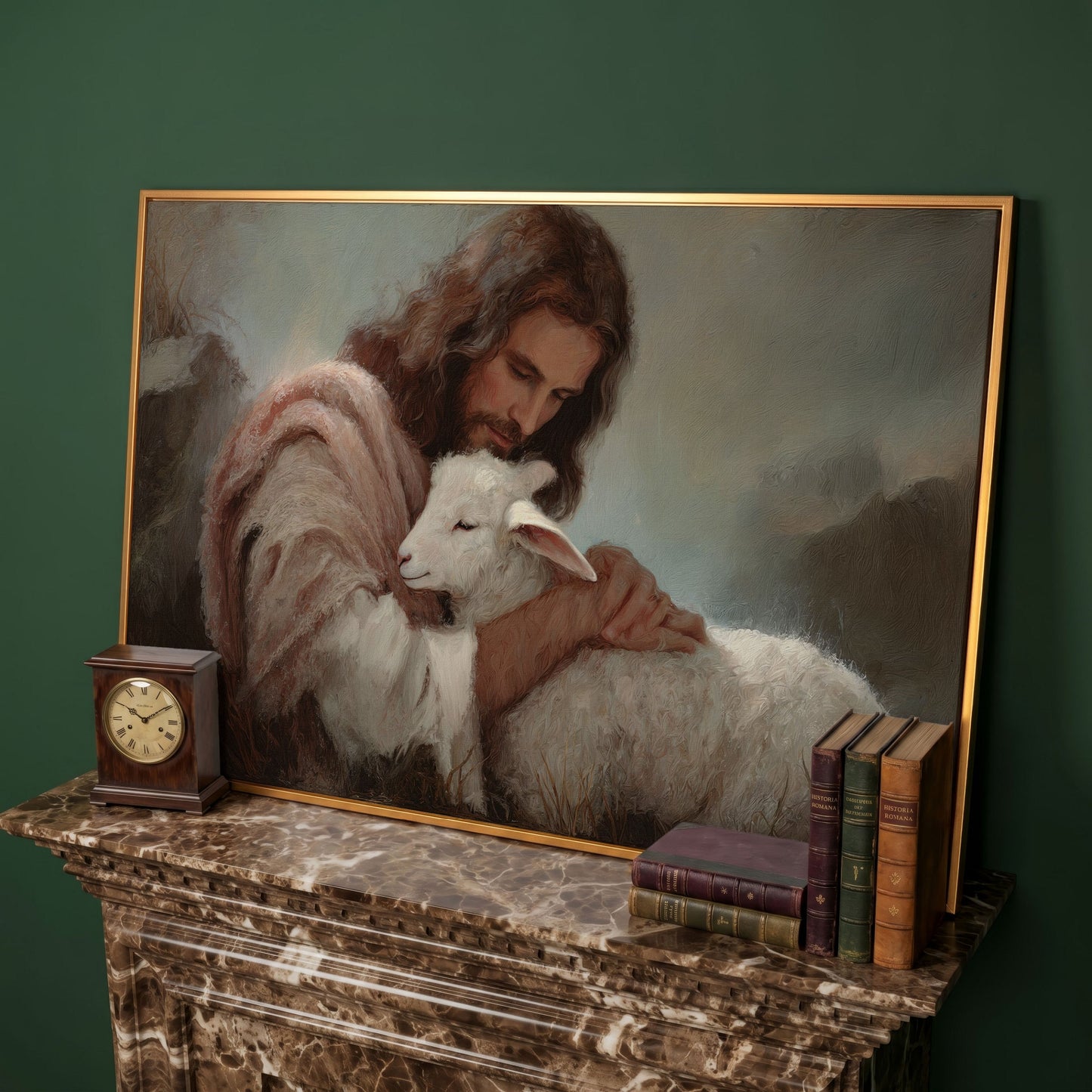 The Good Shepherd: Jesus Holding a Lamb Canvas Wall Art in antique gold floating frame