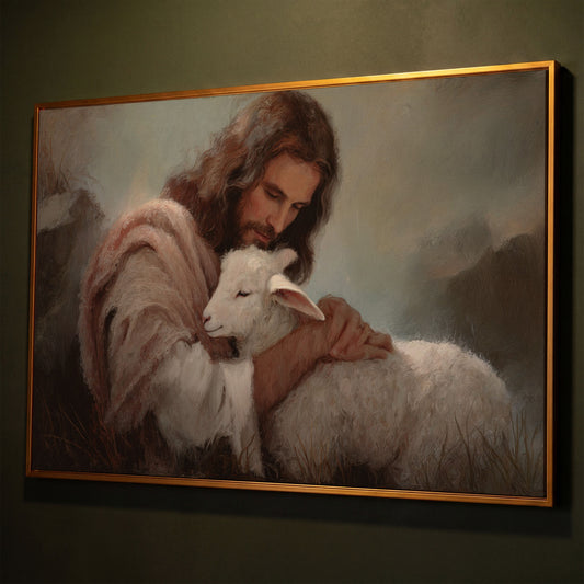 The Good Shepherd: Jesus Holding a Lamb Canvas Wall Art shown in antique gold floating frame