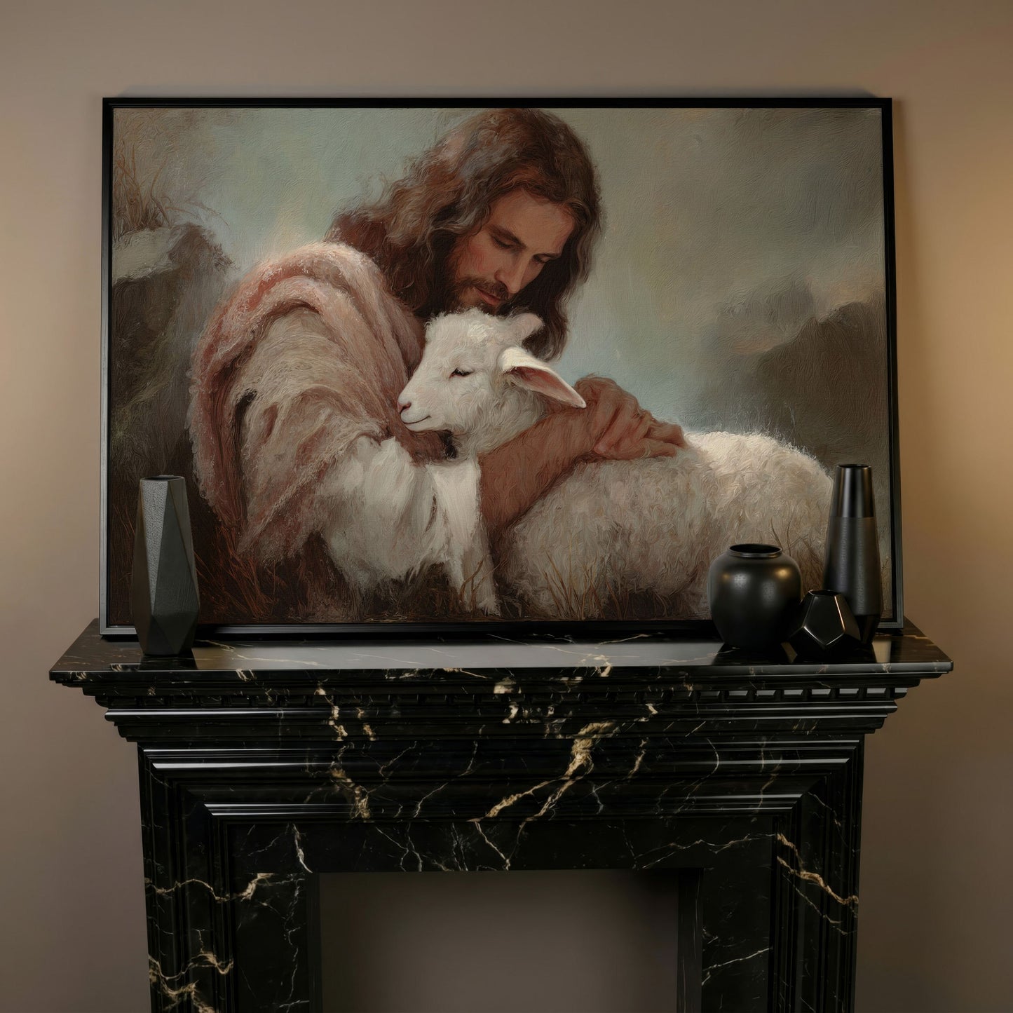 The Good Shepherd: Jesus Holding a Lamb Canvas Wall Art in black floating frame