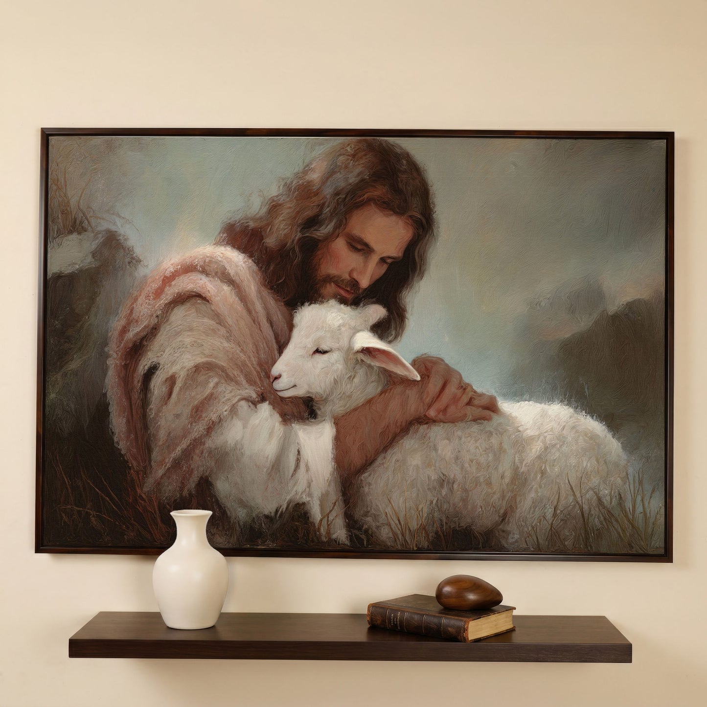 The Good Shepherd: Jesus Holding a Lamb Canvas Wall Art in dark walnut floating frame
