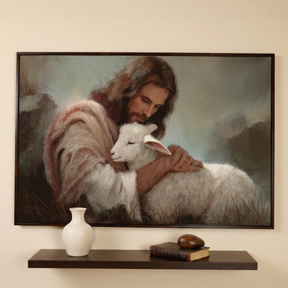 The Good Shepherd: Jesus Holding a Lamb Canvas Wall Art in dark walnut floating frame