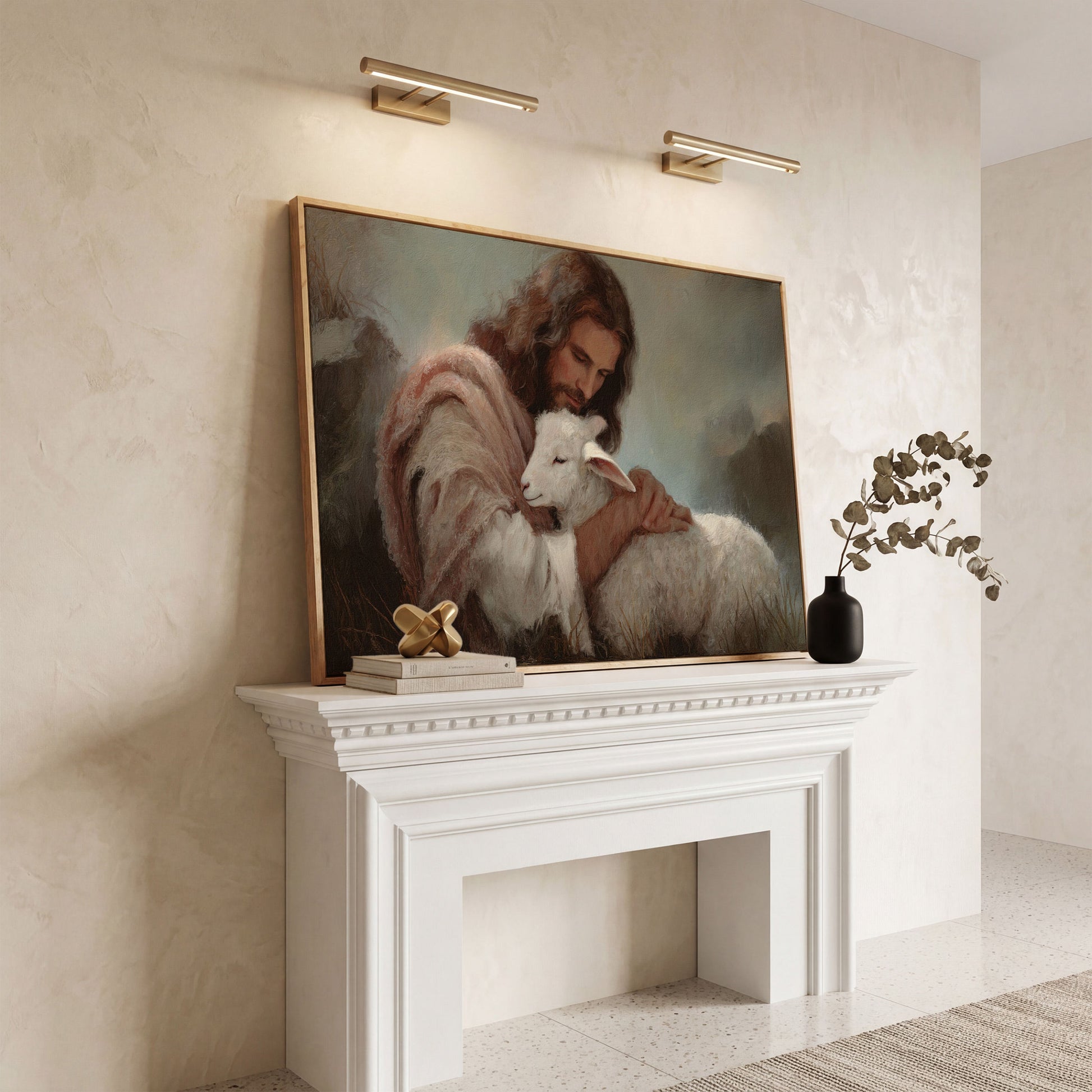 The Good Shepherd: Jesus Holding a Lamb Canvas Wall Art in white oak floating frame