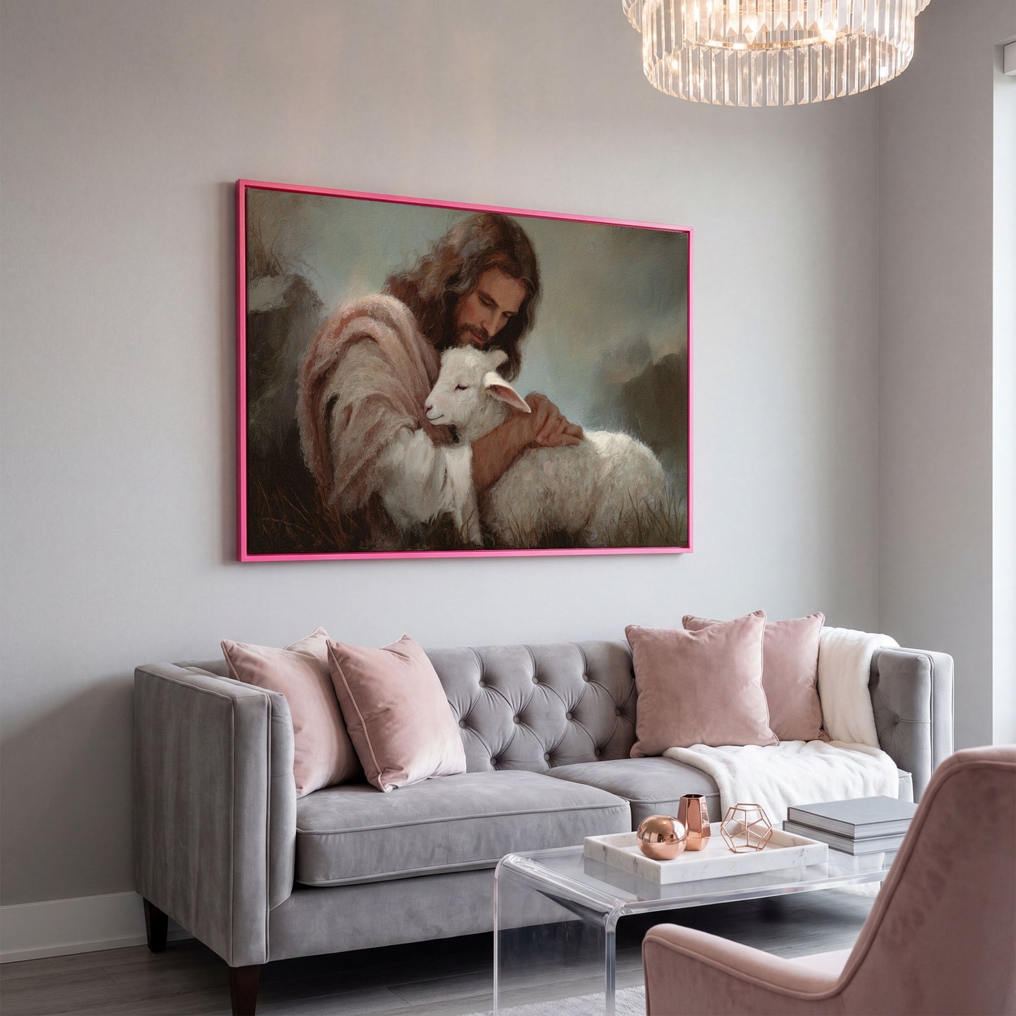 The Good Shepherd: Jesus Holding a Lamb Canvas Wall Art in pink floating frame