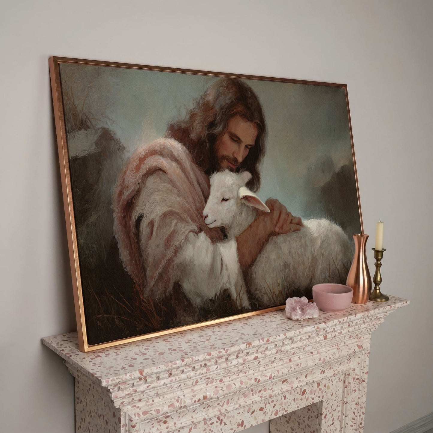 The Good Shepherd: Jesus Holding a Lamb Canvas Wall Art in rose gold floating frame