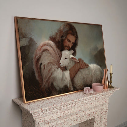 The Good Shepherd: Jesus Holding a Lamb Canvas Wall Art in rose gold floating frame
