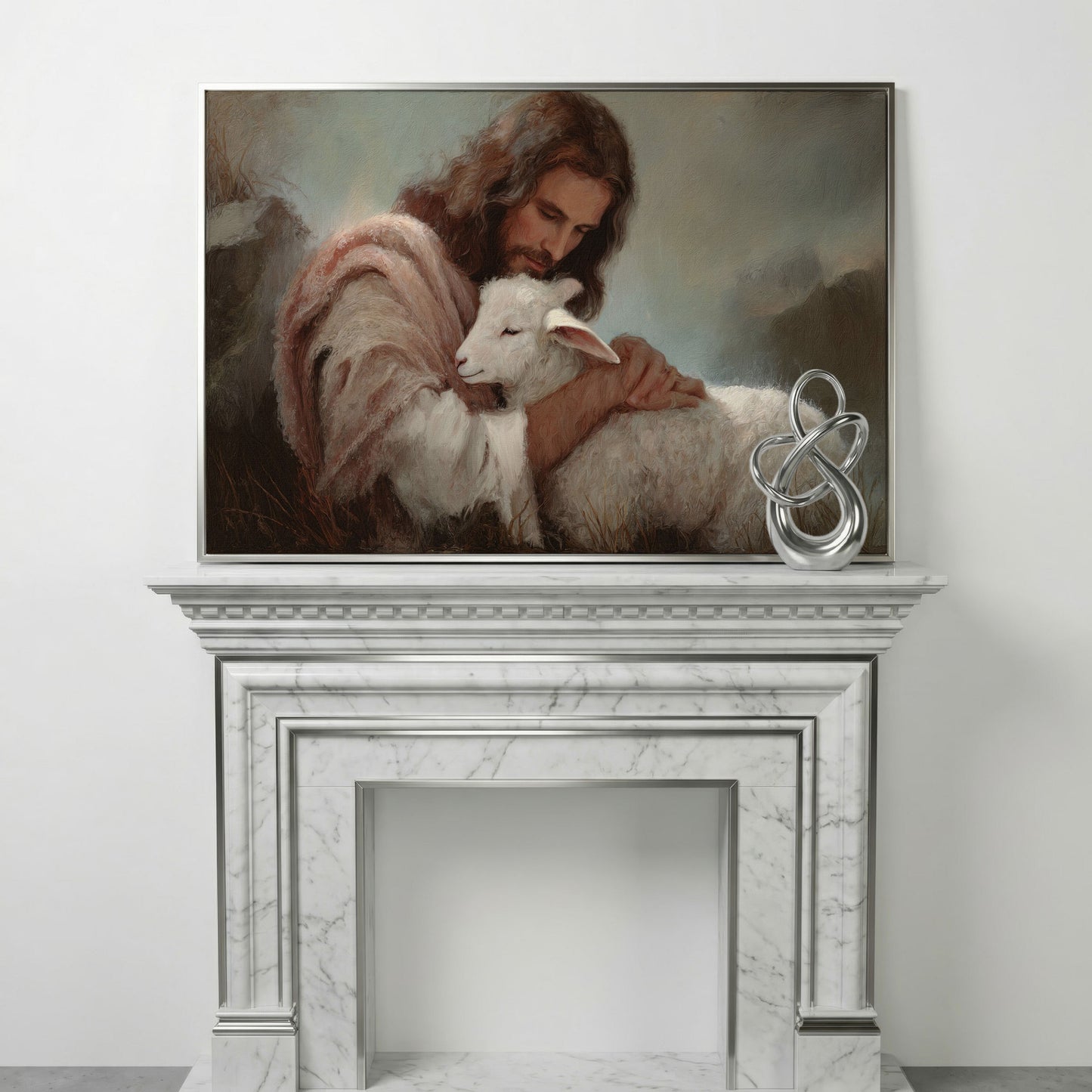The Good Shepherd: Jesus Holding a Lamb Canvas Wall Art in silver floating frame