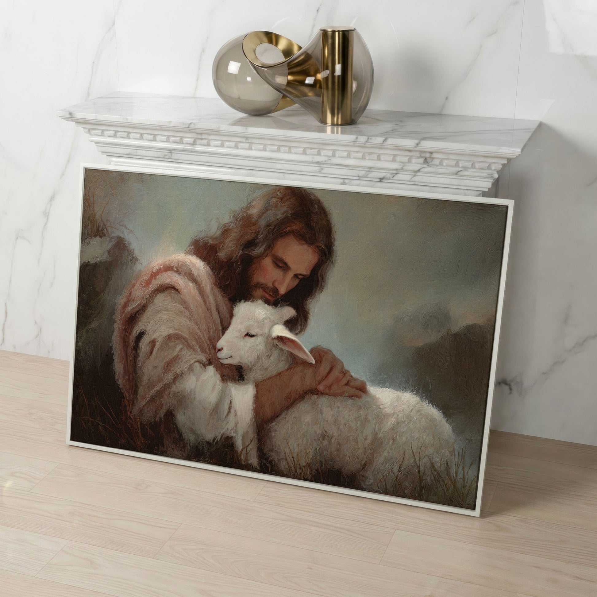 The Good Shepherd: Jesus Holding a Lamb Canvas Wall Art in white floating frame