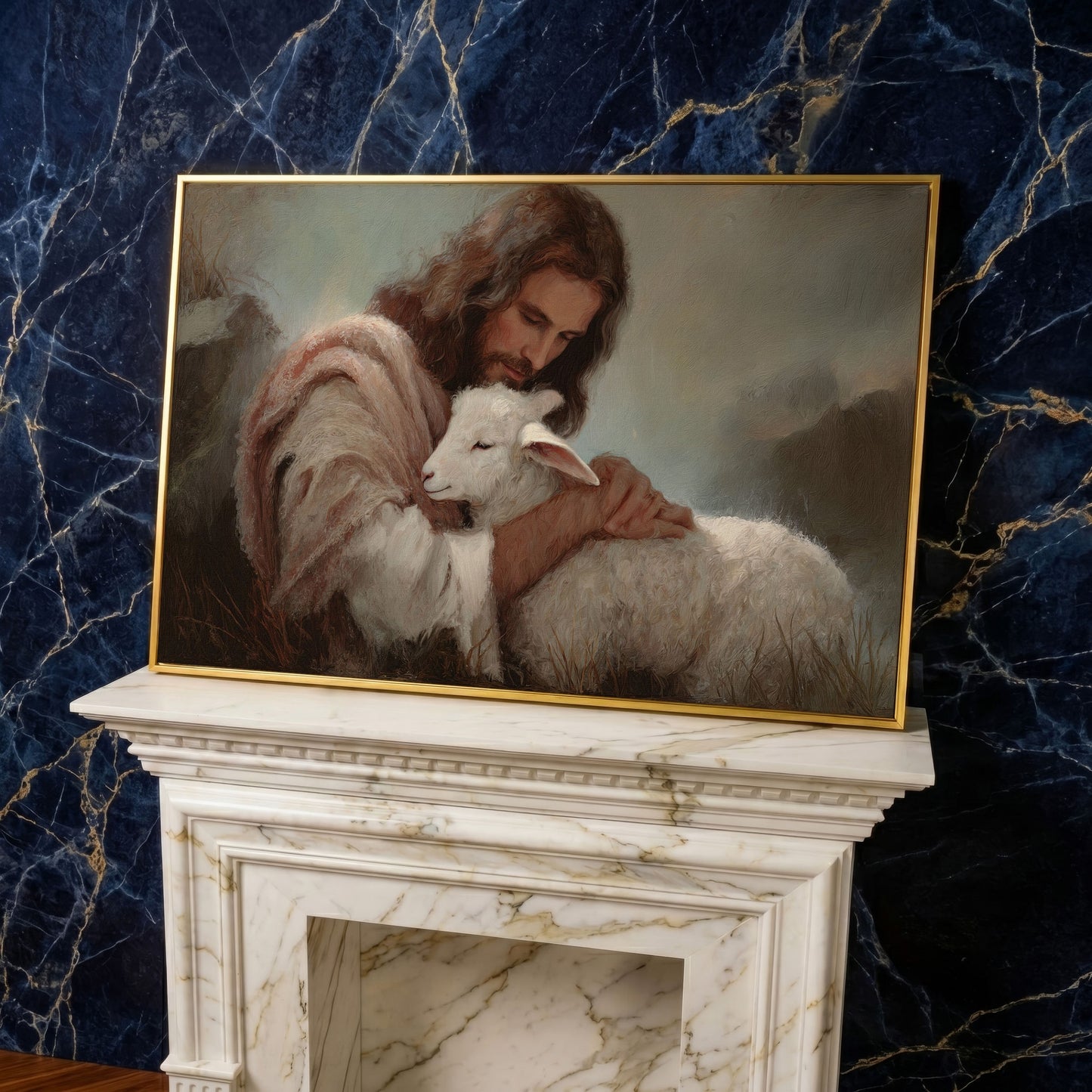 The Good Shepherd: Jesus Holding a Lamb Canvas Wall Art in yellow gold floating frame