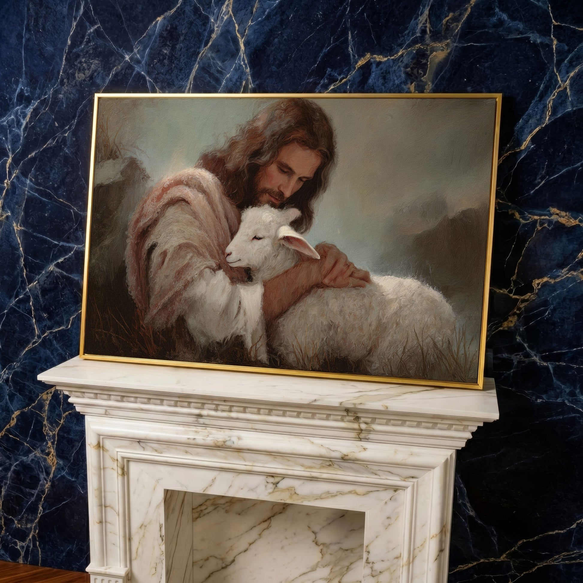 The Good Shepherd: Jesus Holding a Lamb Canvas Wall Art in yellow gold floating frame