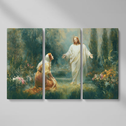 Jesus and Mary Magdalene in the Garden. Risen Christ Canvas Art as 3-panel split version
