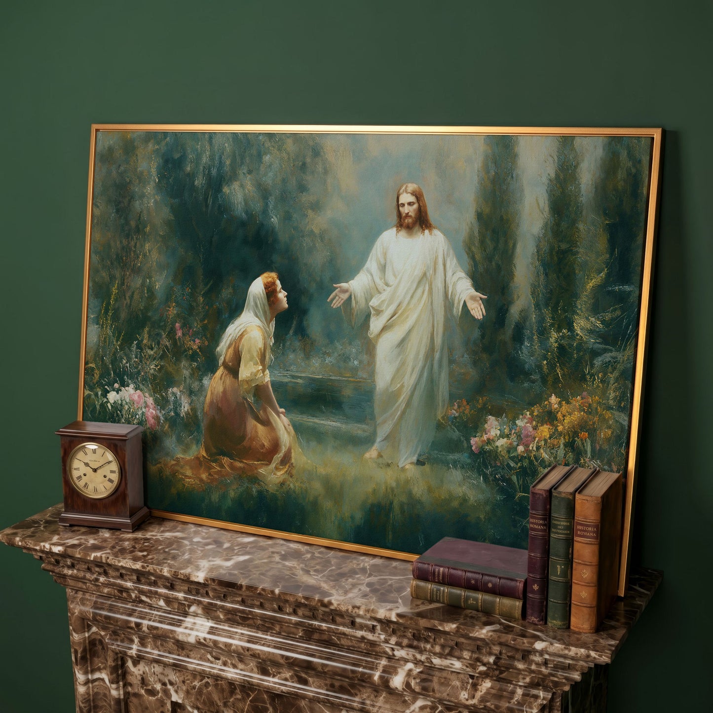 Jesus and Mary Magdalene in the Garden. Risen Christ Canvas Art in antique gold floating frame