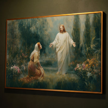 Jesus and Mary Magdalene in the Garden. Risen Christ Canvas Art shown in antique gold floating frame