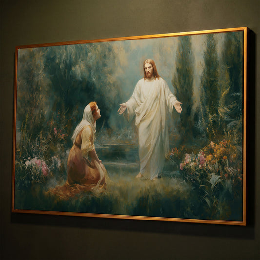 Jesus and Mary Magdalene in the Garden. Risen Christ Canvas Art shown in antique gold floating frame