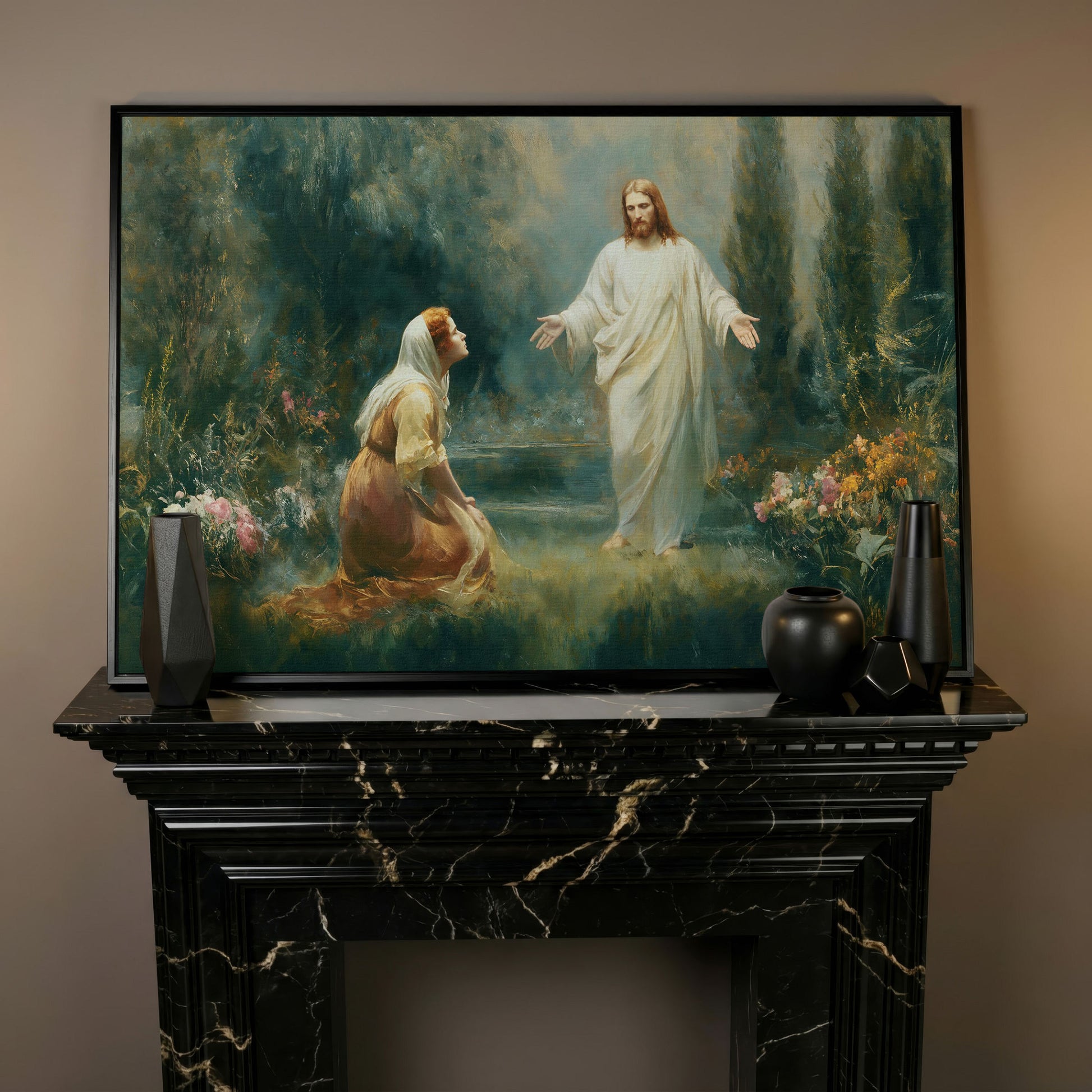 Jesus and Mary Magdalene in the Garden. Risen Christ Canvas Art in black floating frame