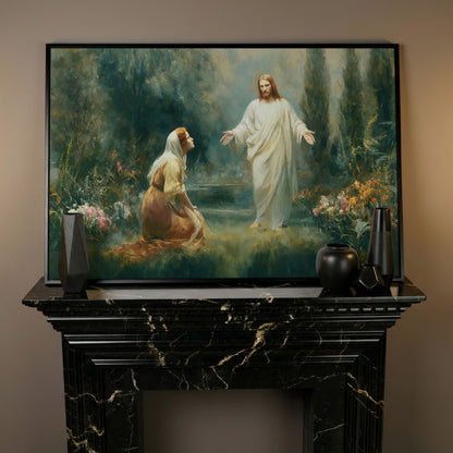Jesus and Mary Magdalene in the Garden. Risen Christ Canvas Art in black floating frame