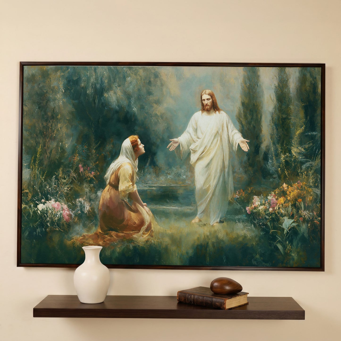 Jesus and Mary Magdalene in the Garden. Risen Christ Canvas Art in dark walnut floating frame