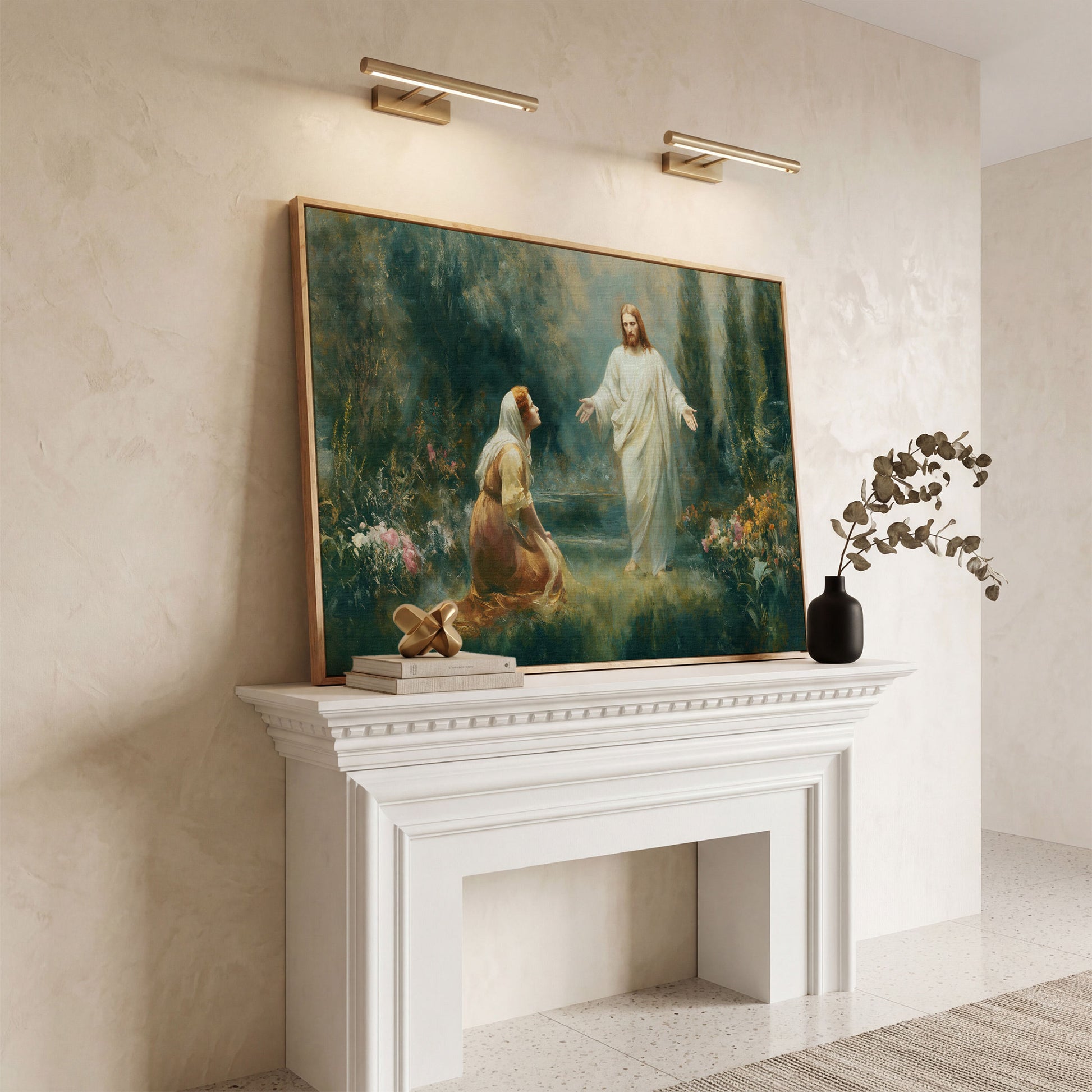 Jesus and Mary Magdalene in the Garden. Risen Christ Canvas Art in white oak floating frame