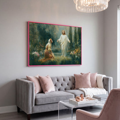 Jesus and Mary Magdalene in the Garden. Risen Christ Canvas Art in pink floating frame