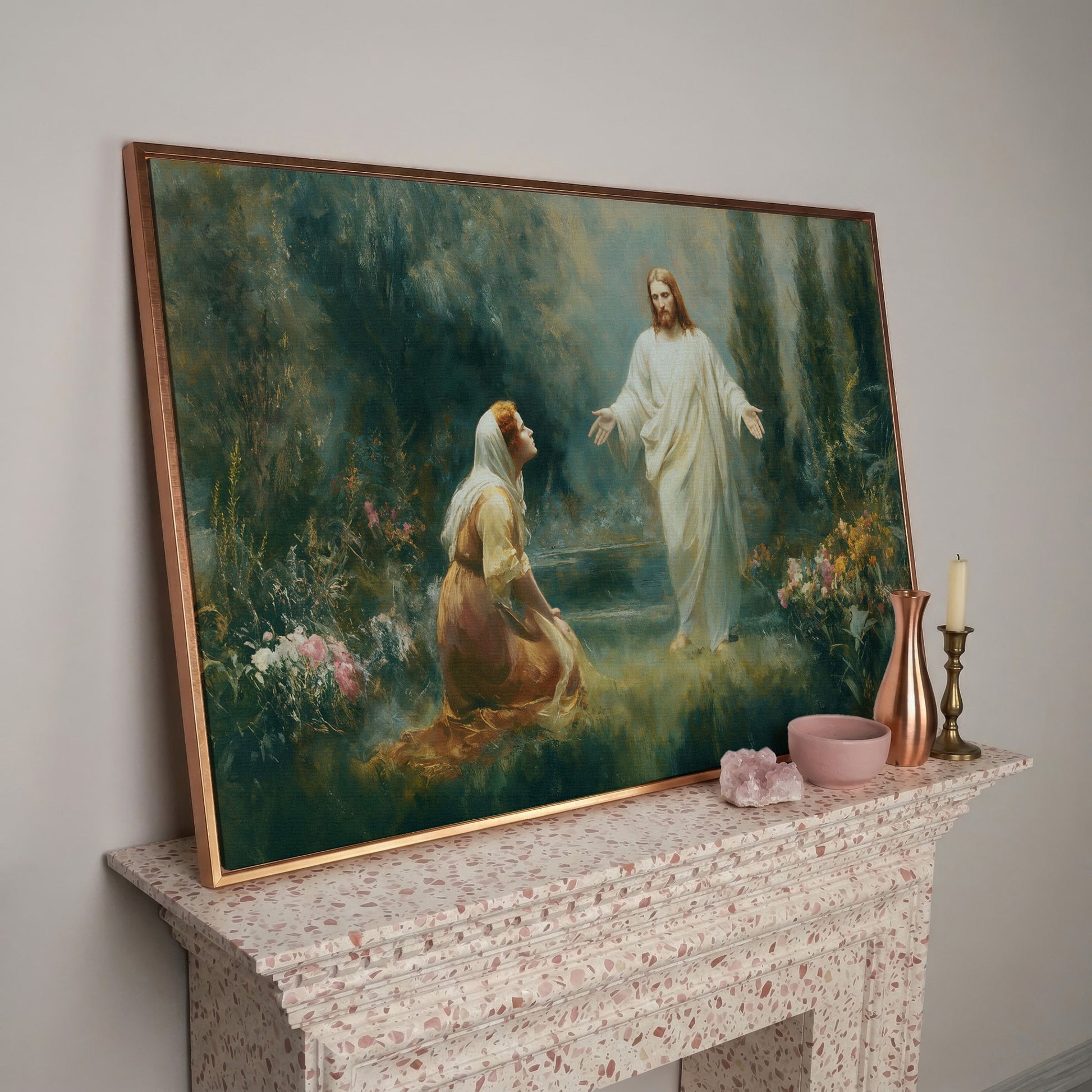 Jesus and Mary Magdalene in the Garden. Risen Christ Canvas Art in rose gold floating frame
