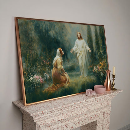 Jesus and Mary Magdalene in the Garden. Risen Christ Canvas Art in rose gold floating frame