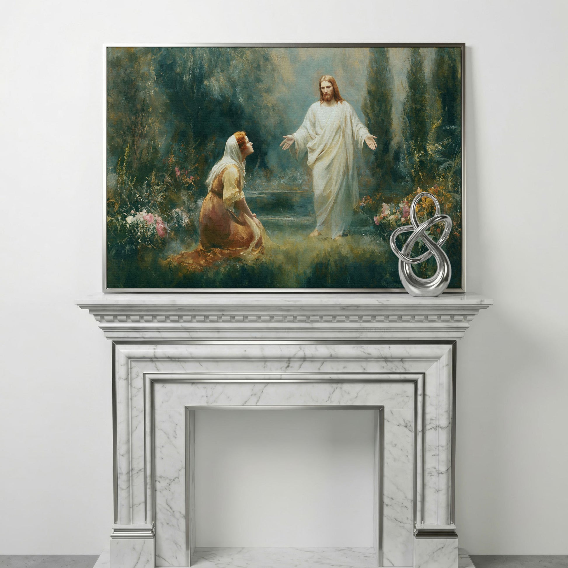 Jesus and Mary Magdalene in the Garden. Risen Christ Canvas Art in silver floating frame