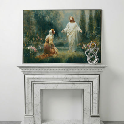 Jesus and Mary Magdalene in the Garden. Risen Christ Canvas Art in silver floating frame