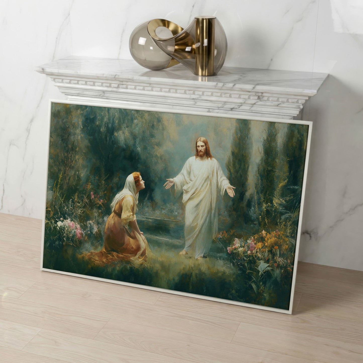 Jesus and Mary Magdalene in the Garden. Risen Christ Canvas Art in white floating frame