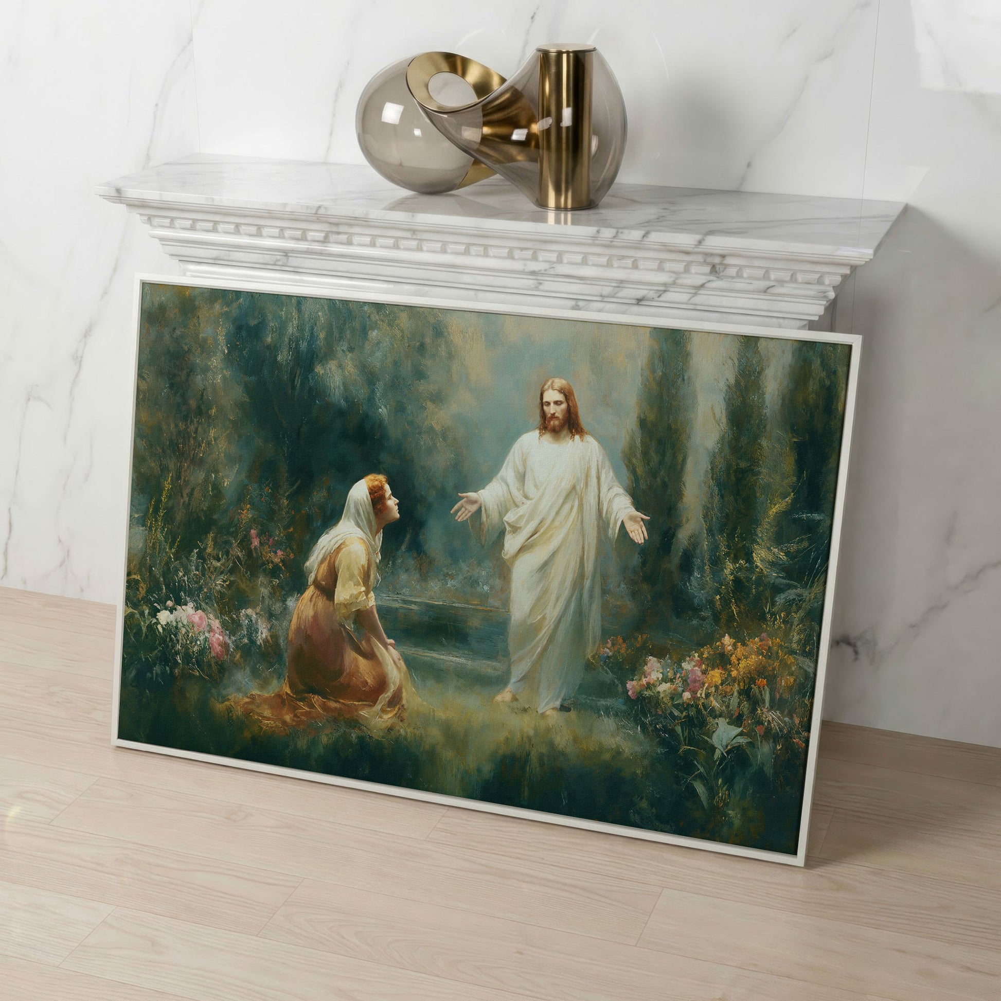 Jesus and Mary Magdalene in the Garden. Risen Christ Canvas Art in white floating frame