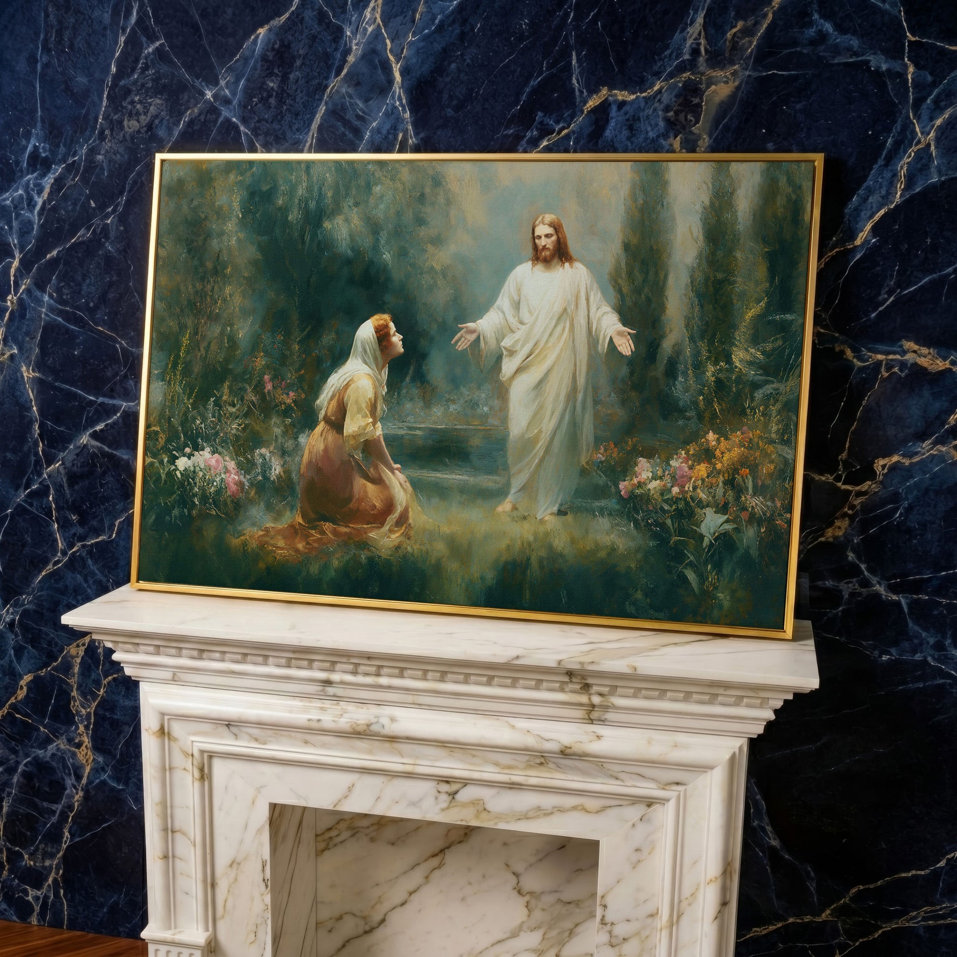 Jesus and Mary Magdalene in the Garden. Risen Christ Canvas Art in yellow gold floating frame