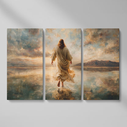 Jesus Walking on Water at Sunset, Canvas Wall Art as 3-panel split version