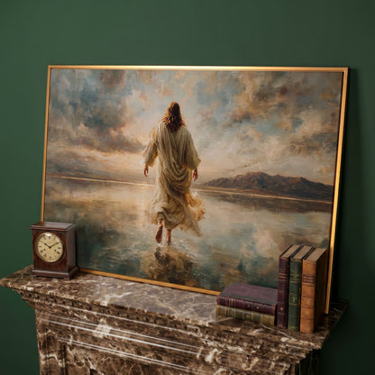 Jesus Walking on Water at Sunset, Canvas Wall Art in antique gold floating frame