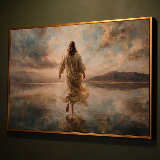 Jesus Walking on Water at Sunset, Canvas Wall Art shown in antique gold floating frame