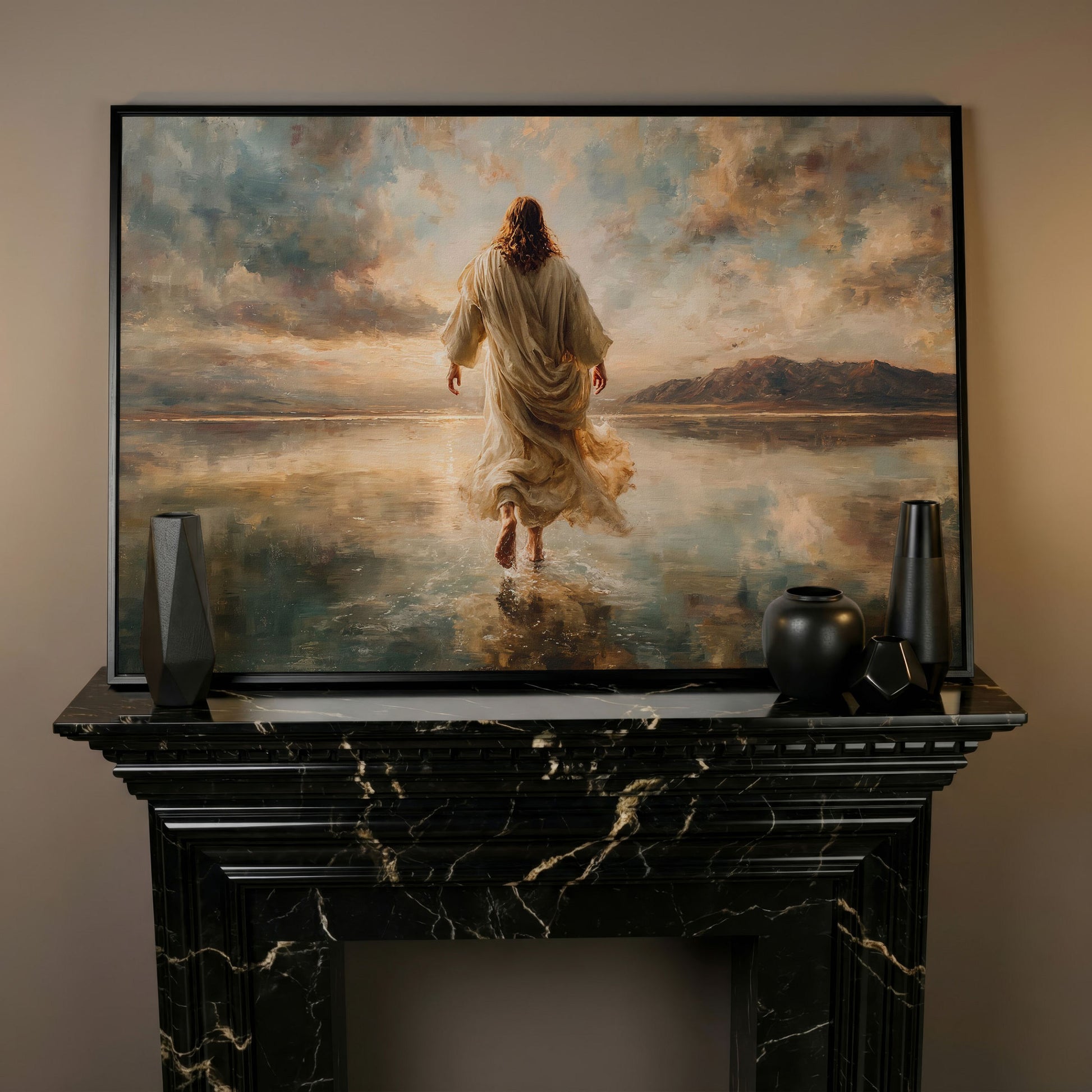 Jesus Walking on Water at Sunset, Canvas Wall Art in black floating frame