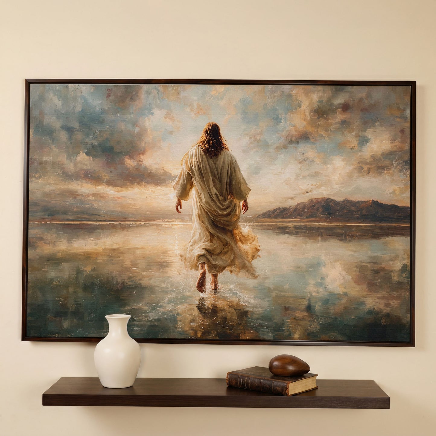 Jesus Walking on Water at Sunset, Canvas Wall Art in dark walnut floating frame