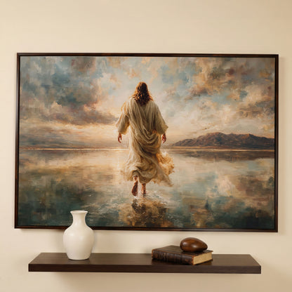 Jesus Walking on Water at Sunset, Canvas Wall Art in dark walnut floating frame