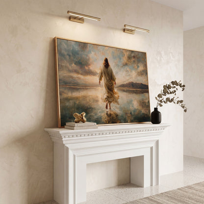 Jesus Walking on Water at Sunset, Canvas Wall Art in white oak floating frame