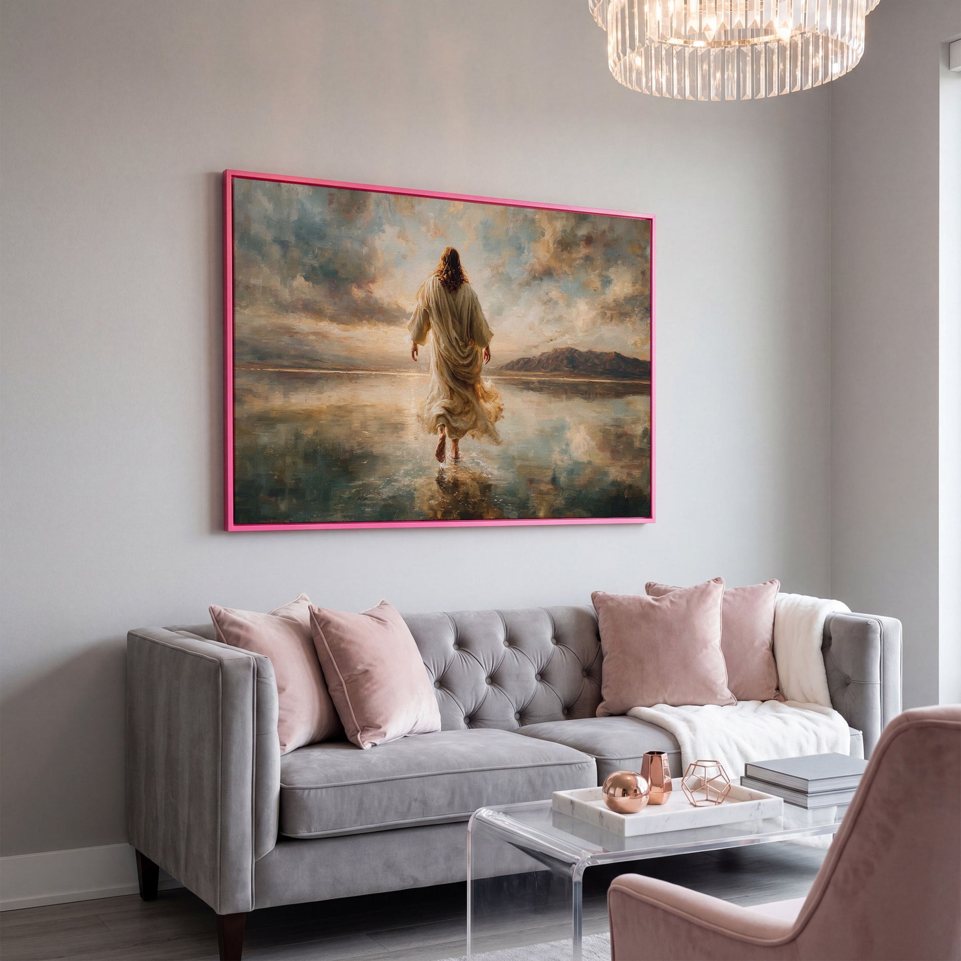 Jesus Walking on Water at Sunset, Canvas Wall Art in pink floating frame