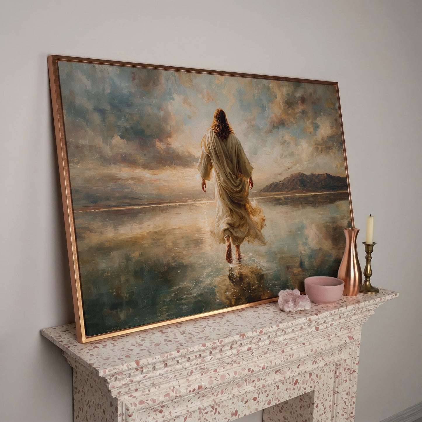 Jesus Walking on Water at Sunset, Canvas Wall Art in rose gold floating frame