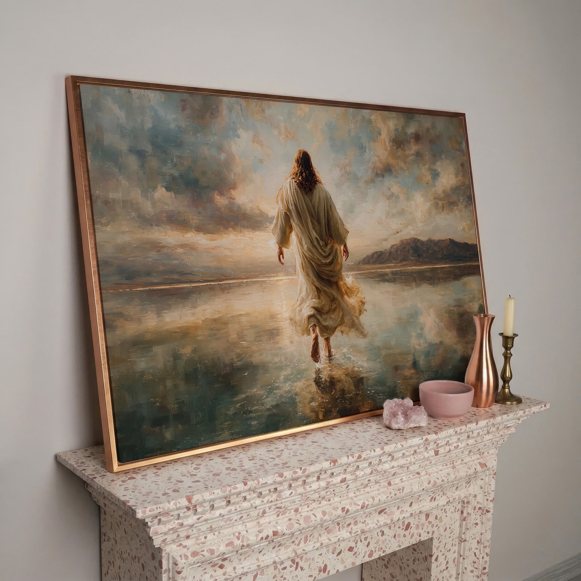 Jesus Walking on Water at Sunset, Canvas Wall Art in rose gold floating frame