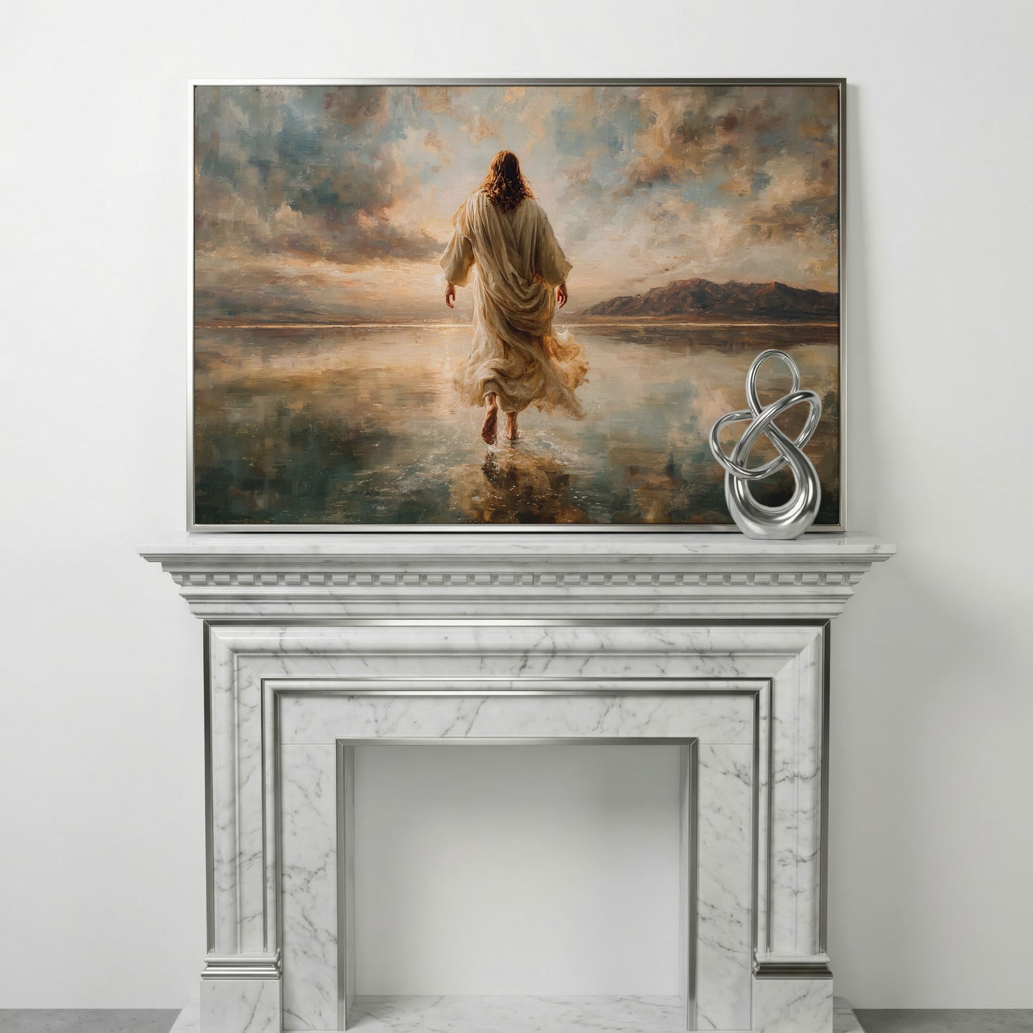 Jesus Walking on Water at Sunset, Canvas Wall Art in silver floating frame