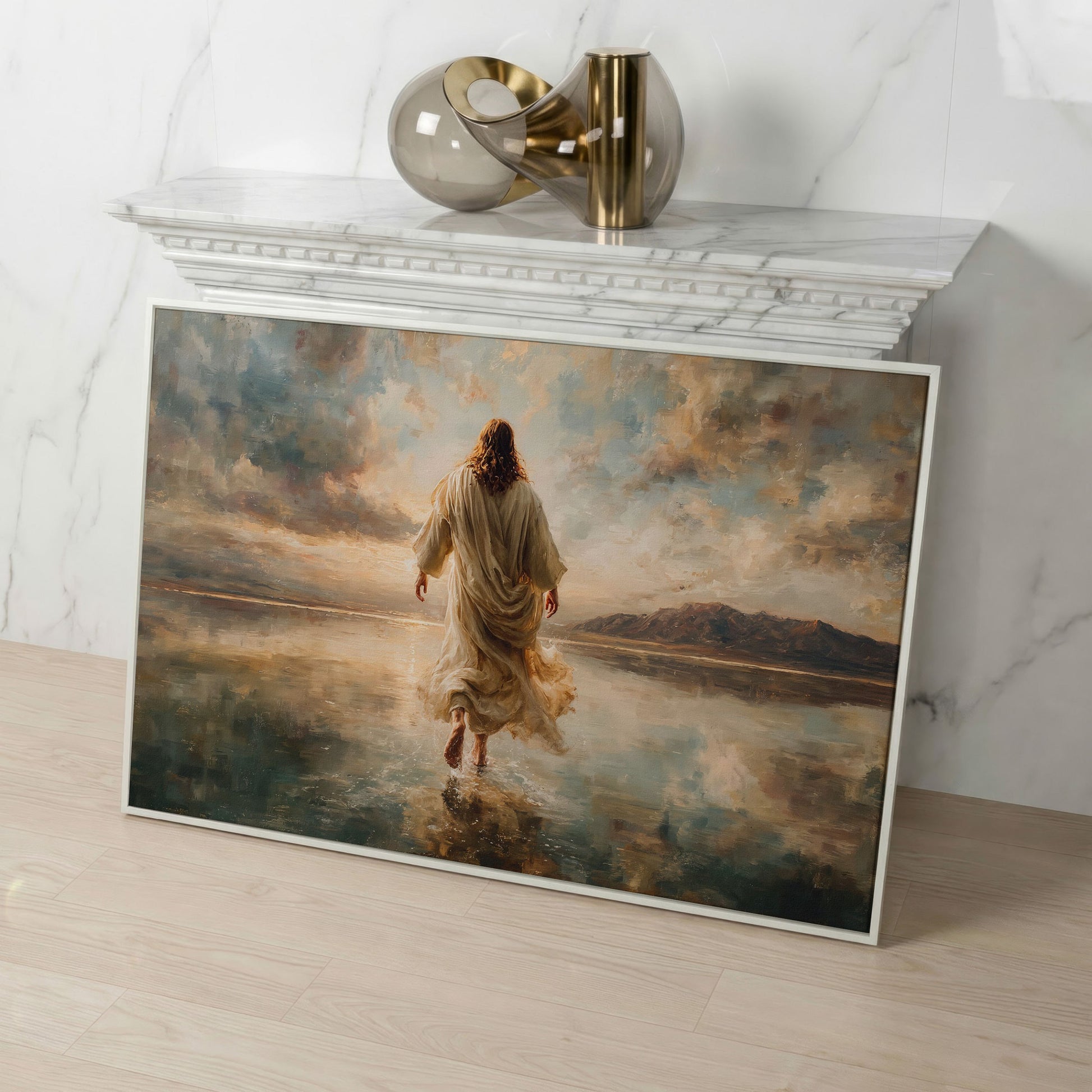 Jesus Walking on Water at Sunset, Canvas Wall Art in white floating frame