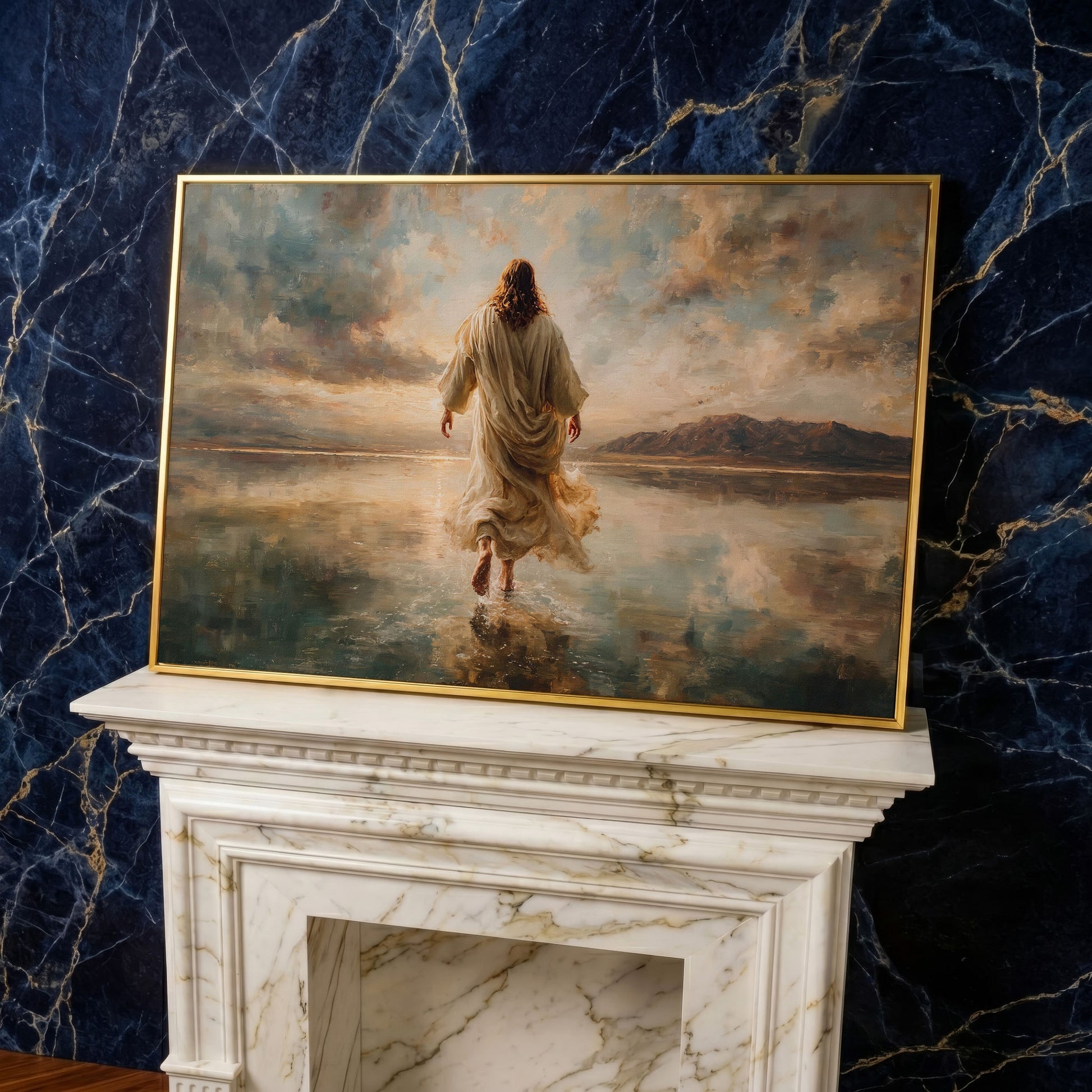 Jesus Walking on Water at Sunset, Canvas Wall Art in yellow gold floating frame