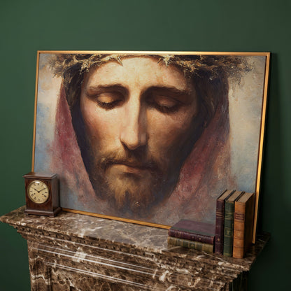 Crown of Thorns: Portrait of Jesus Canvas Wall Art in antique gold floating frame