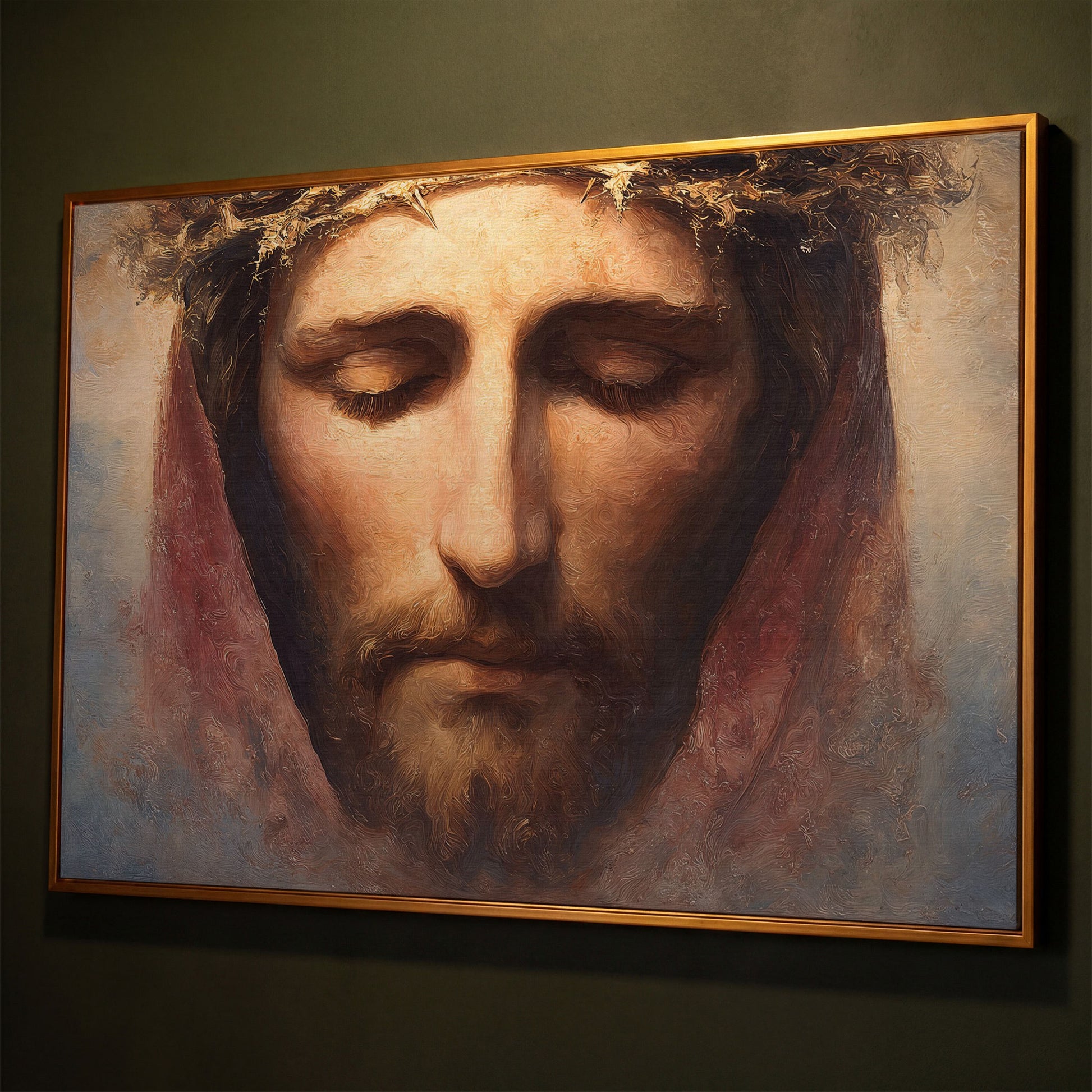 Crown of Thorns: Portrait of Jesus Canvas Wall Art shown in antique gold floating frame