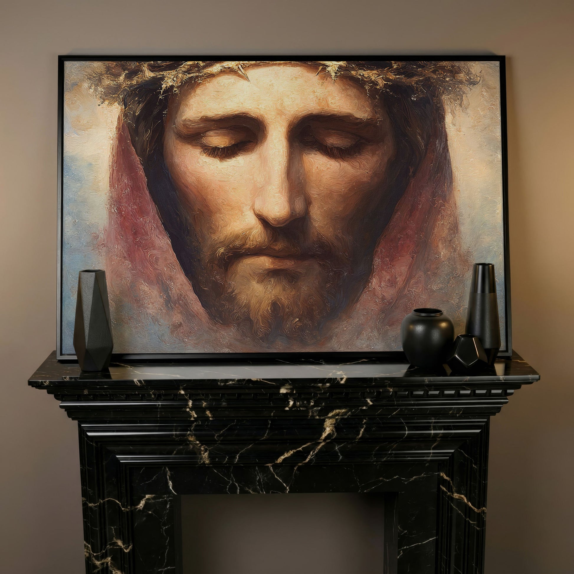 Crown of Thorns: Portrait of Jesus Canvas Wall Art in black floating frame