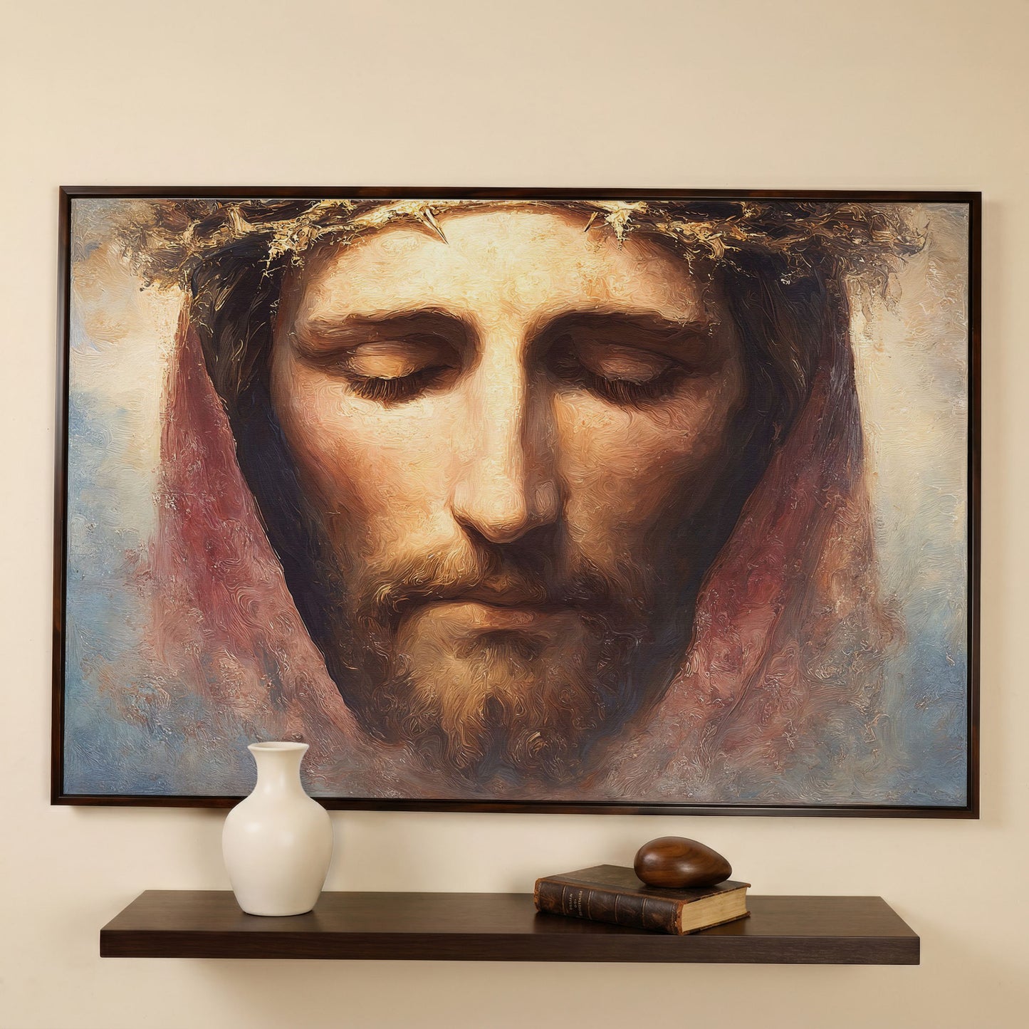 Crown of Thorns: Portrait of Jesus Canvas Wall Art in dark walnut floating frame